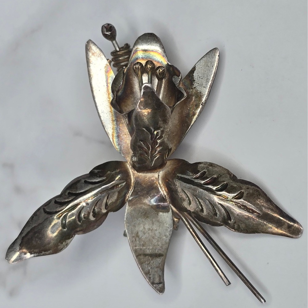 Vintage Orchid Mexico 925 Sterling Silver Flower Brooch Pin Taxco 2.8 grams